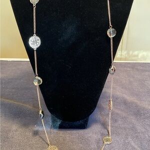 Long Gold Tone Chain Necklace Crystal Bead Disc Statement Jewelry 36” Layering